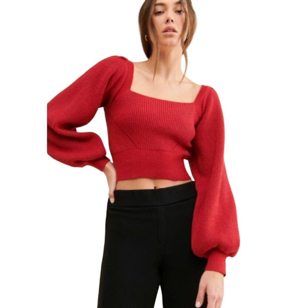 MinkPink Women's Vayu Long Sleeve Square Neck Knit Top, Size Medium Wine Red NWT